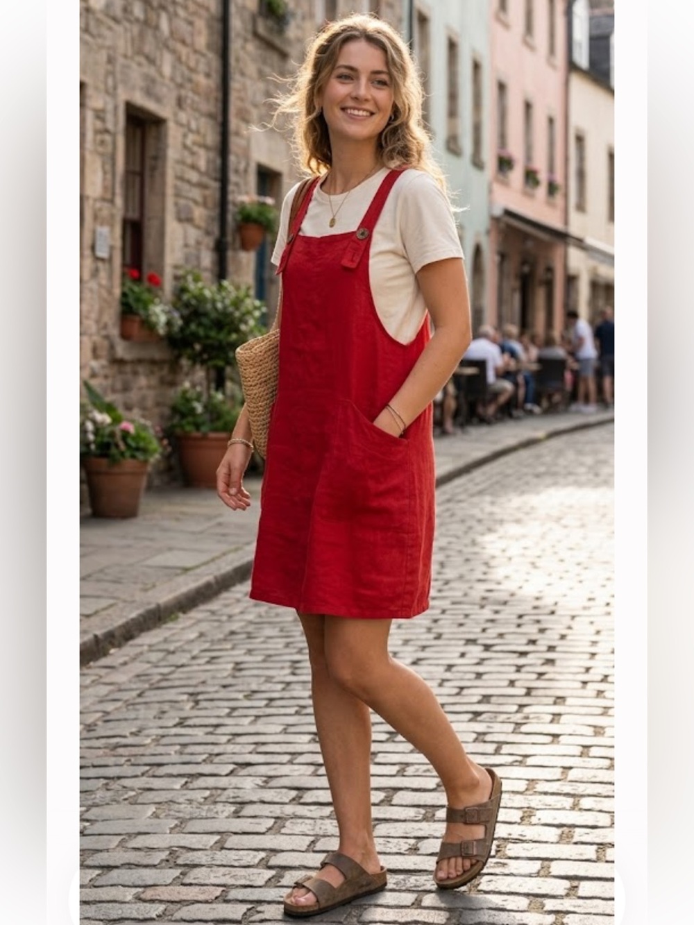 Haris Cotton Women’s Red Linen Pinafore Dress with Front Pockets 100% Linen
